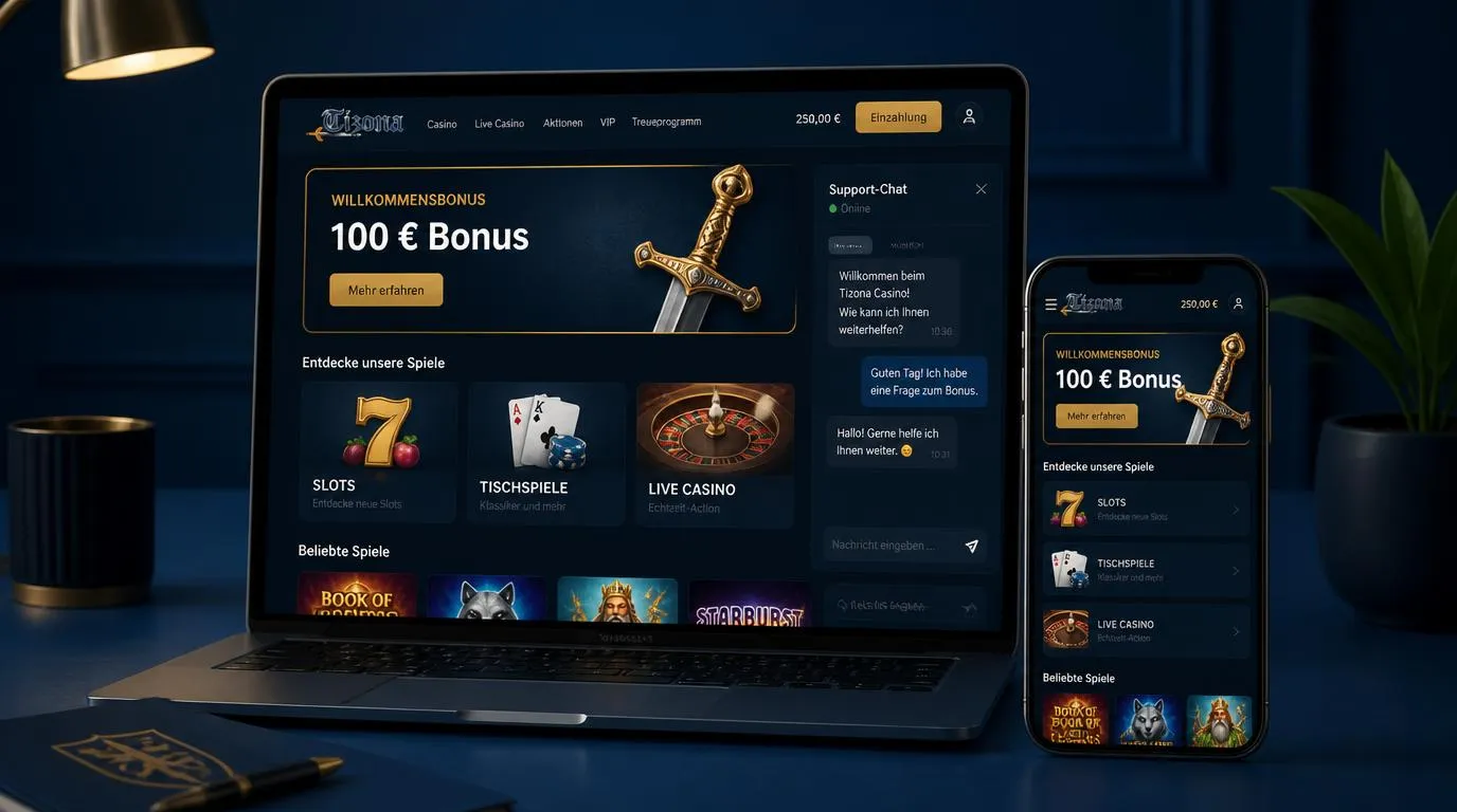 Casino-Plattform auf Laptop und Smartphone mit Bonusbereich und großer Spielauswahl