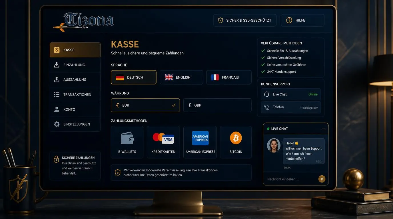 Kassenbereich eines Online-Casinos mit Euro, Karten, E-Wallets, Bitcoin und aktivem Live Chat