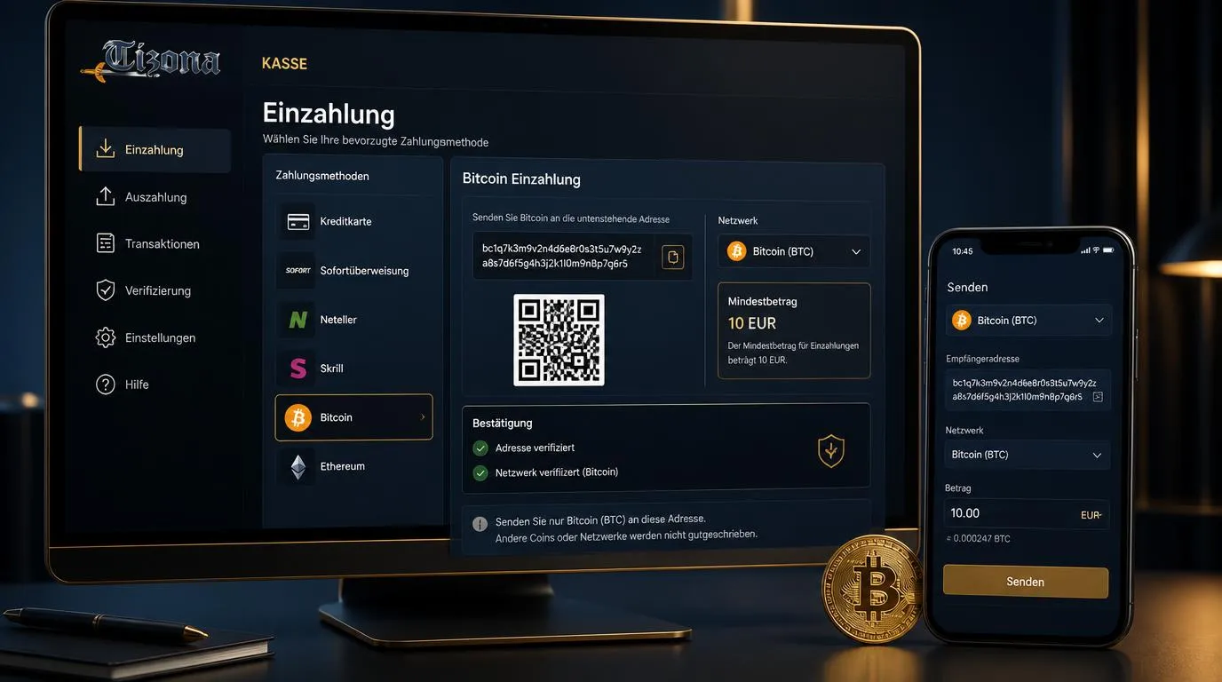 Bitcoin-Einzahlung in einer Casino-Kasse mit Wallet-Adresse, QR-Code und Netzwerkprüfung