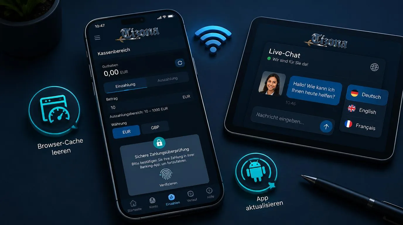 Smartphone mit Casino-Kasse, Live-Chat und Anzeige für Netzwerkprüfung auf deutschem Bildschirm