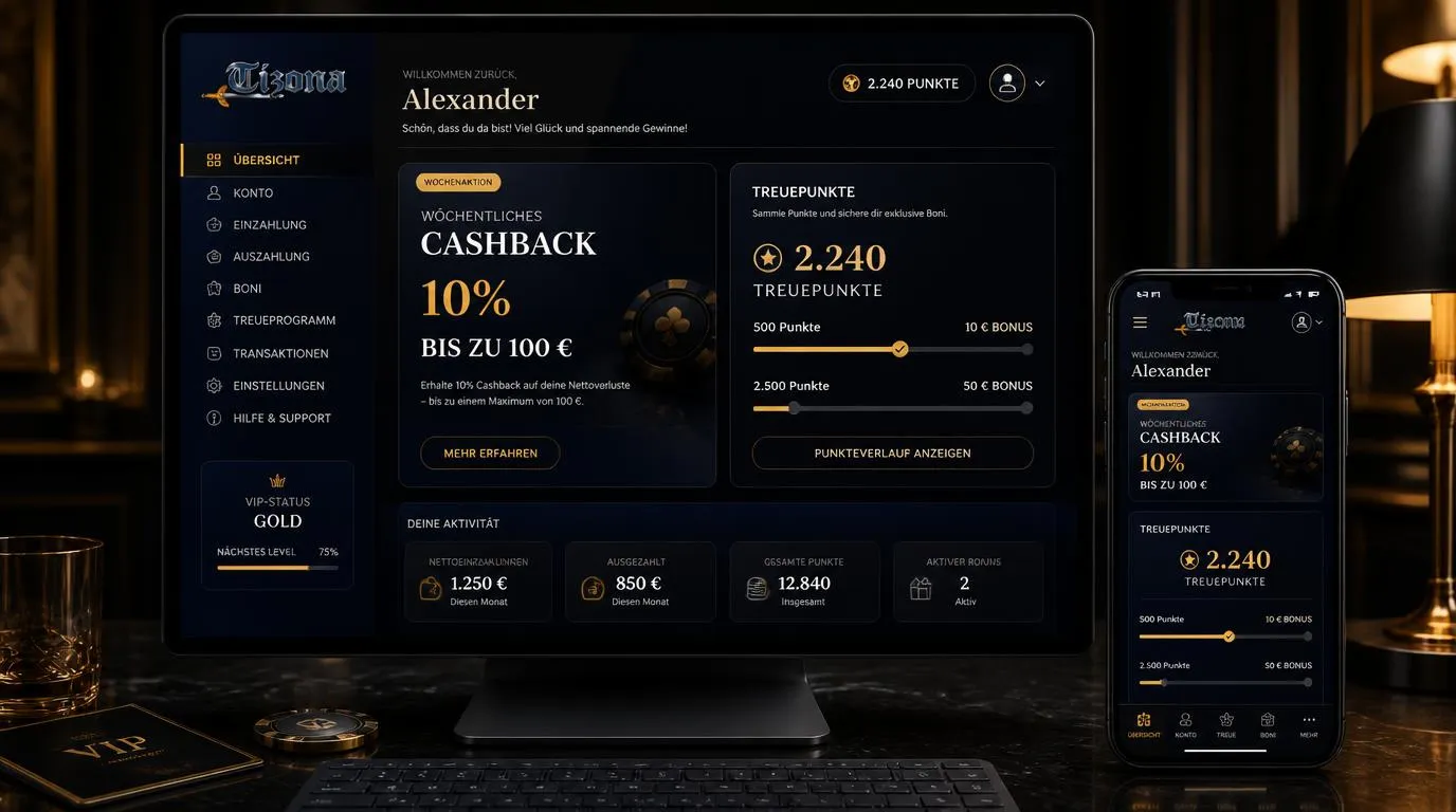 Casino-Bonusbereich mit wöchentlichem Cashback, Punktestand und freigeschalteten Prämien