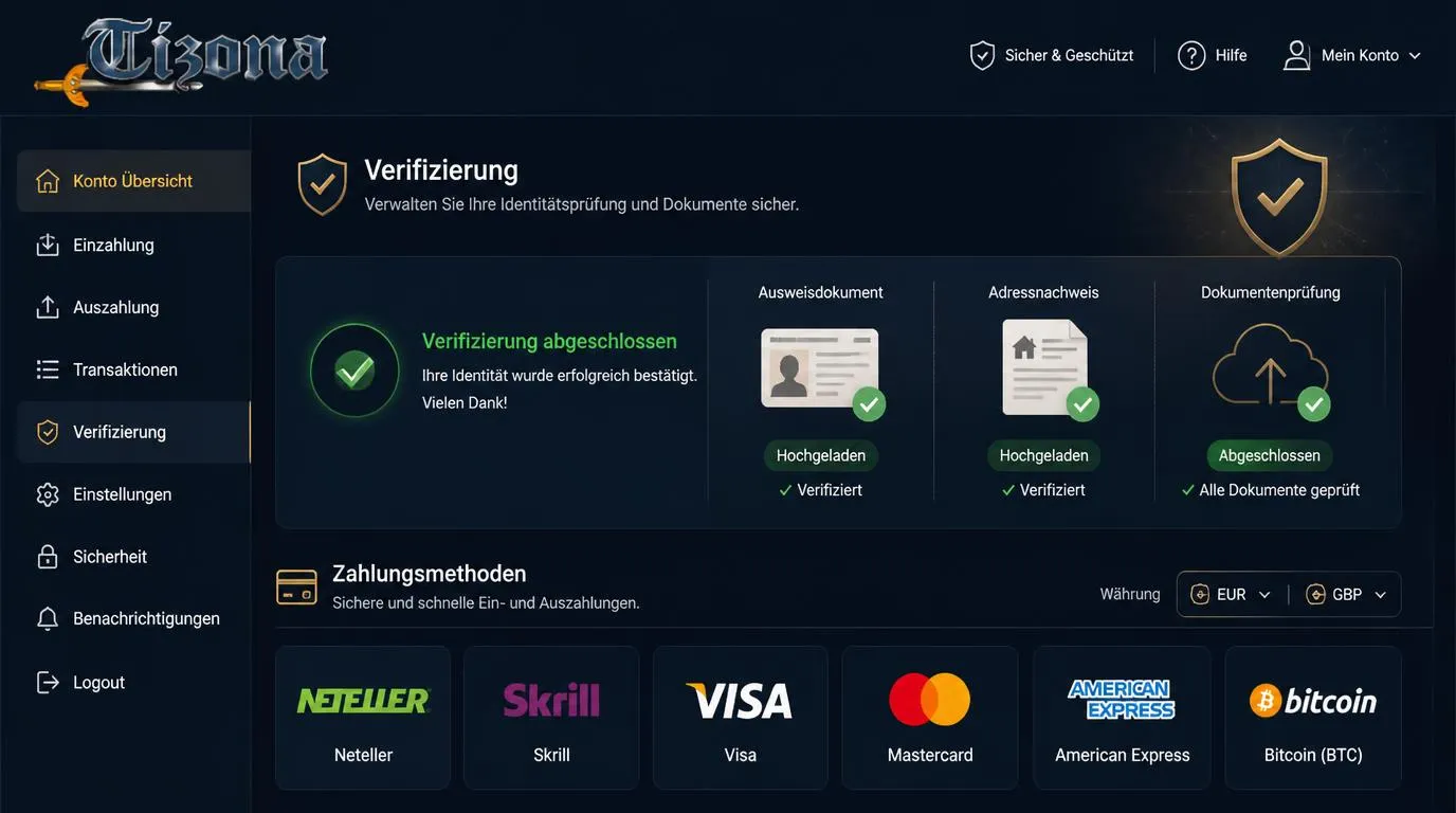 Kontoansicht mit Identitätsprüfung, Dokumentenupload und Auswahl sicherer Zahlungsarten
