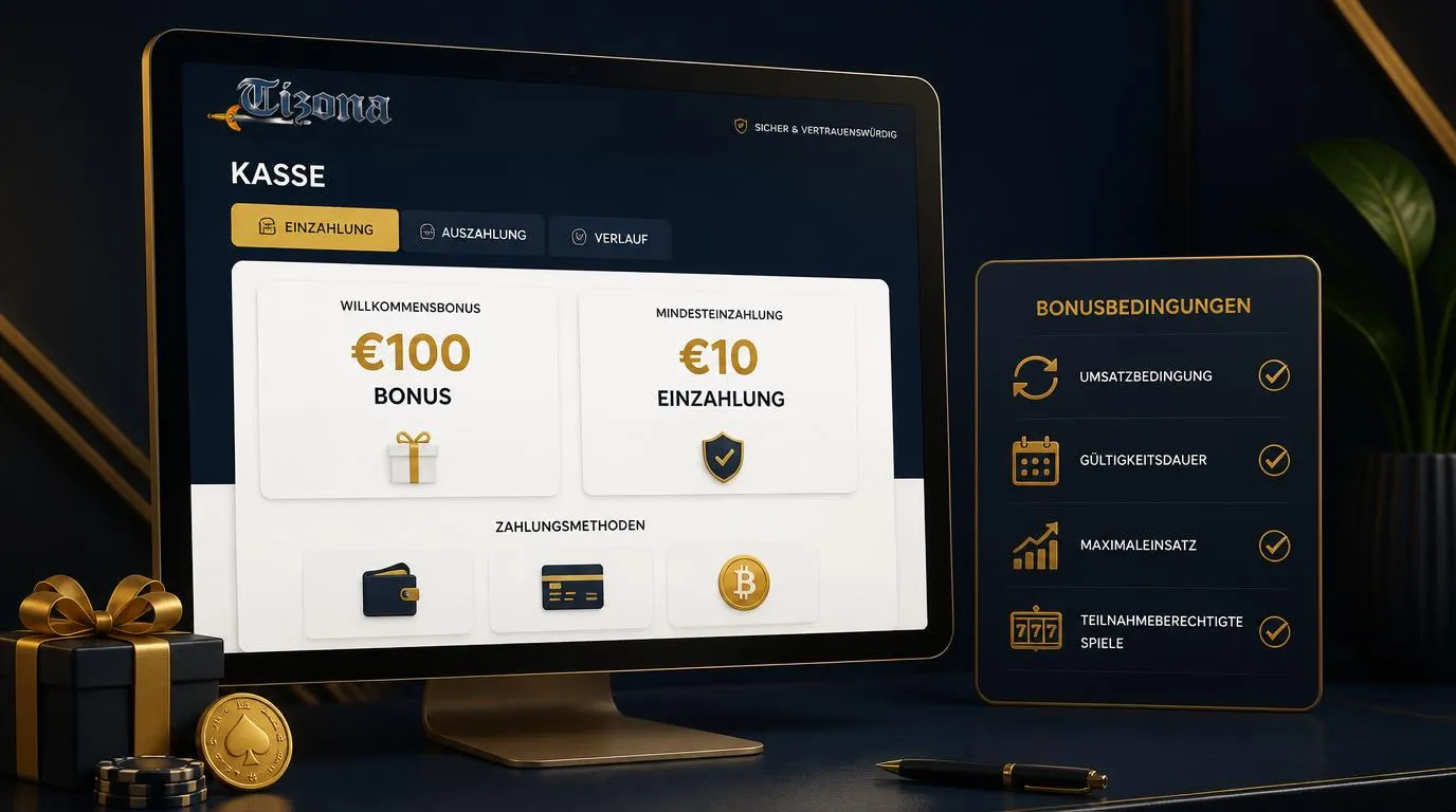 Kassenbereich eines Online-Casinos mit 100-Euro-Bonus, 10-Euro-Einzahlung und Zahlungsoptionen