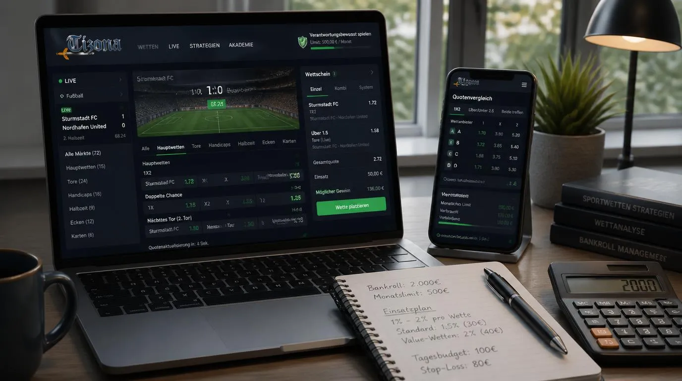 Sportwetten-Analyse mit Quotenvergleich, Budgetplan und Live-Spiel auf einem Laptop