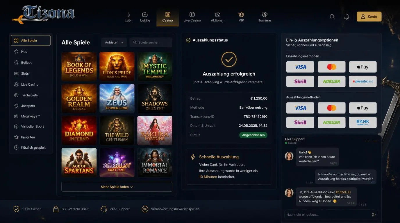 Übersichtliche Casino-Oberfläche mit Spielauswahl, schnellen Auszahlungen und sicheren Zahlungsmethoden