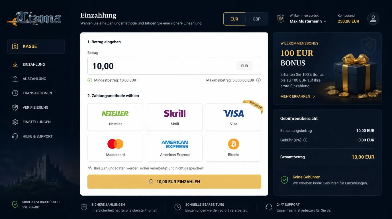 Cashier-Ansicht mit Mindesteinzahlung von 10 Euro, Zahlungsarten und Währungsauswahl