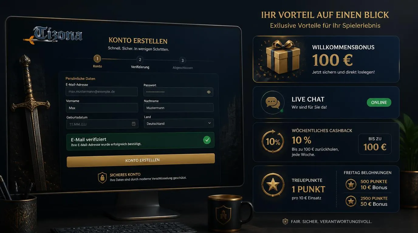 Registrierungsformular mit Bonushinweis, Live-Chat und Übersicht zu wöchentlichen Belohnungen