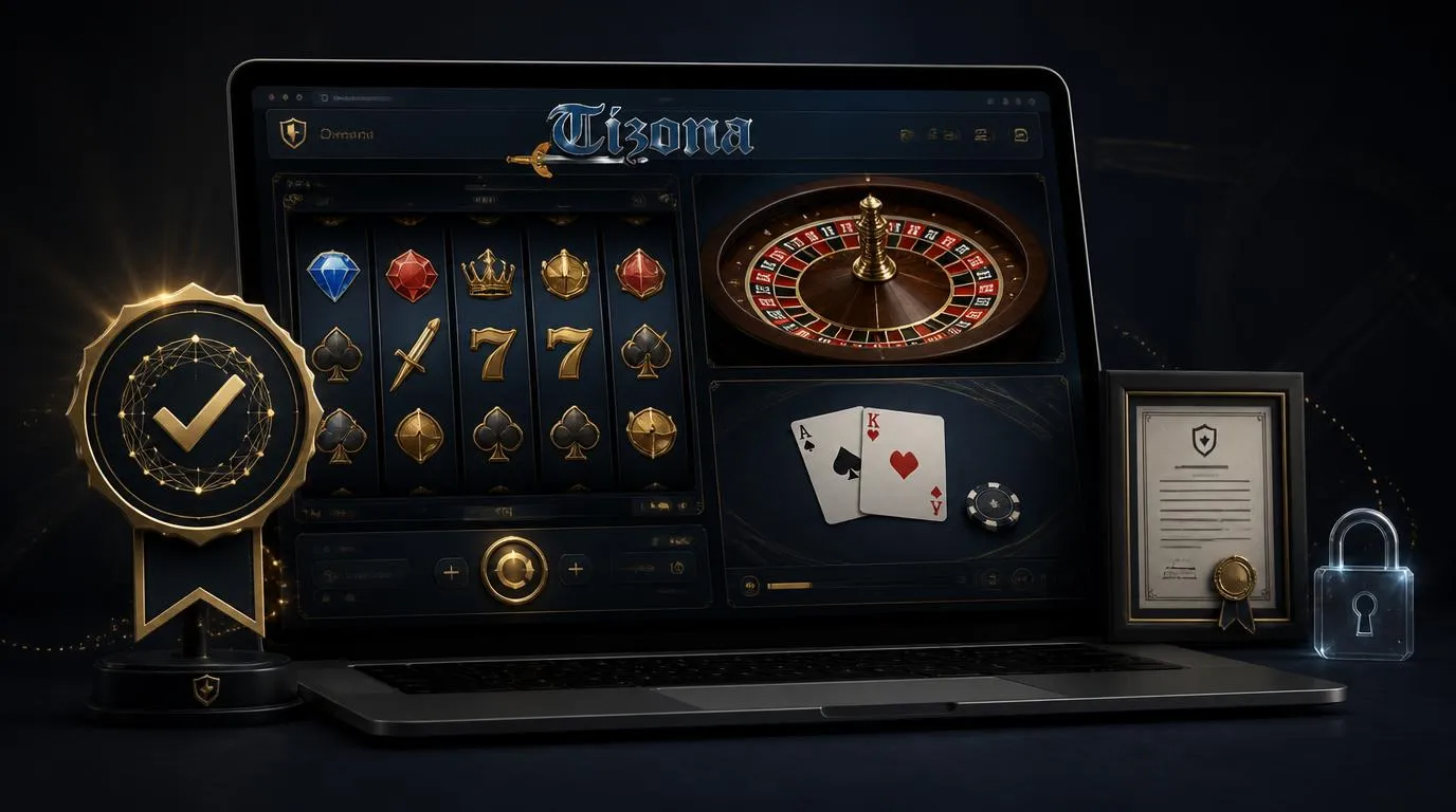 Laptop mit geprüften Casino-Spielen, RNG-Prüfsiegel und sicheren Spielsymbolen auf dunklem Hintergrund