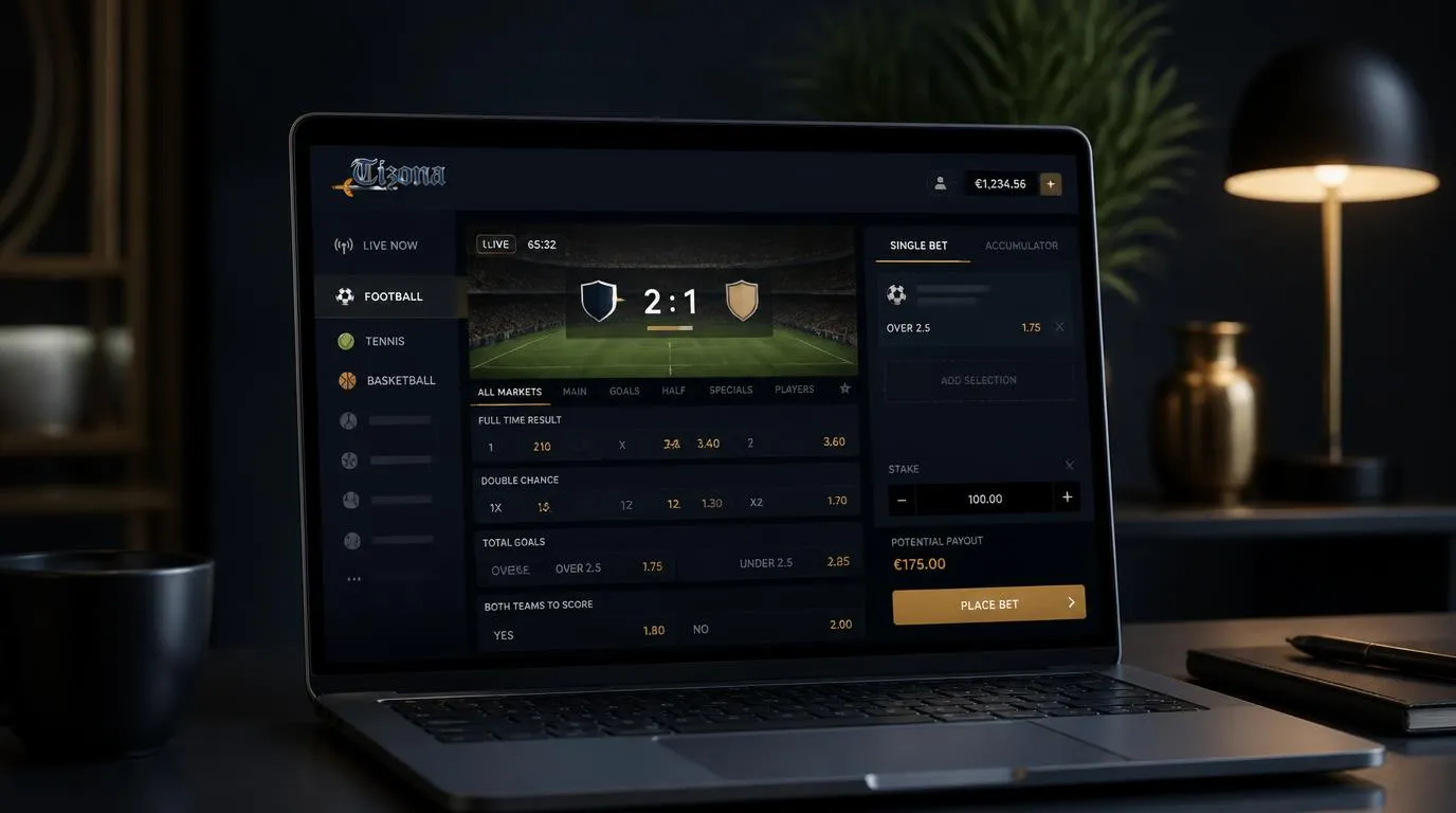 Live-Wettschein mit Sportmärkten, wechselnden Quoten und Kombiwetten auf einem Laptop