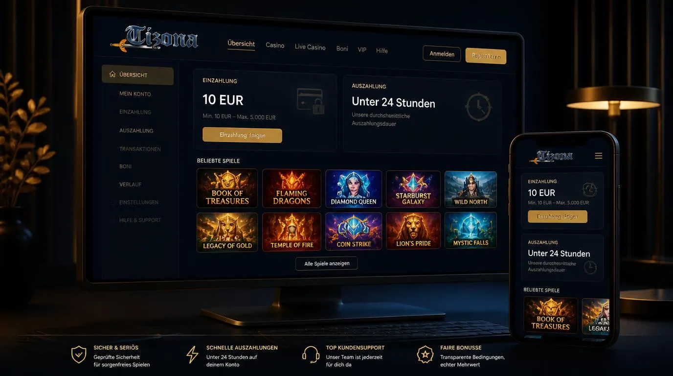 Casino-Oberfläche mit schneller Auszahlung, 10-Euro-Einzahlung und übersichtlicher Spielauswahl