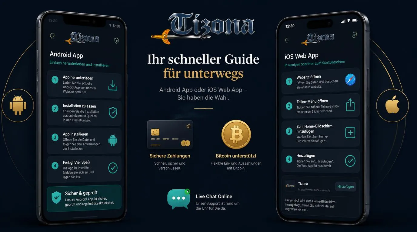 Android-Smartphone und iPhone mit Downloadseite, Installationsschritten und Web-App-Verknüpfung